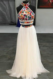 halter two piece sweet 16 dress embroidery appliques long prom dress