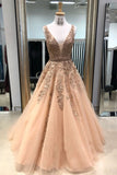 tulle lace applique long prom dress v neck with beading