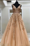 tulle lace applique long prom dress v neck with beading