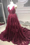 A-line V-neck Tulle Burgundy Long Prom Dress, Burgundy Formal Evening Dress MP704