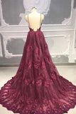 A-line V-neck Tulle Burgundy Long Prom Dress, Burgundy Formal Evening Dress MP704