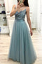 Sheer Neck Tulle Beading Long Prom Dress with Yarn Back MP730
