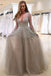 tulle long sleeves prom dress a line v neck with beading