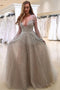 Tulle Long Sleeves Prom Dress A-Line V-Neck with Beading MP890