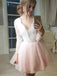 long sleeves lace appliques tulle plunge neck short prom dress