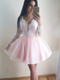 long sleeves lace appliques tulle plunge neck short prom dress