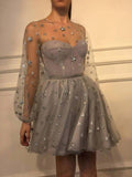 starry night long sleeves homecoming dress tulle short prom dress