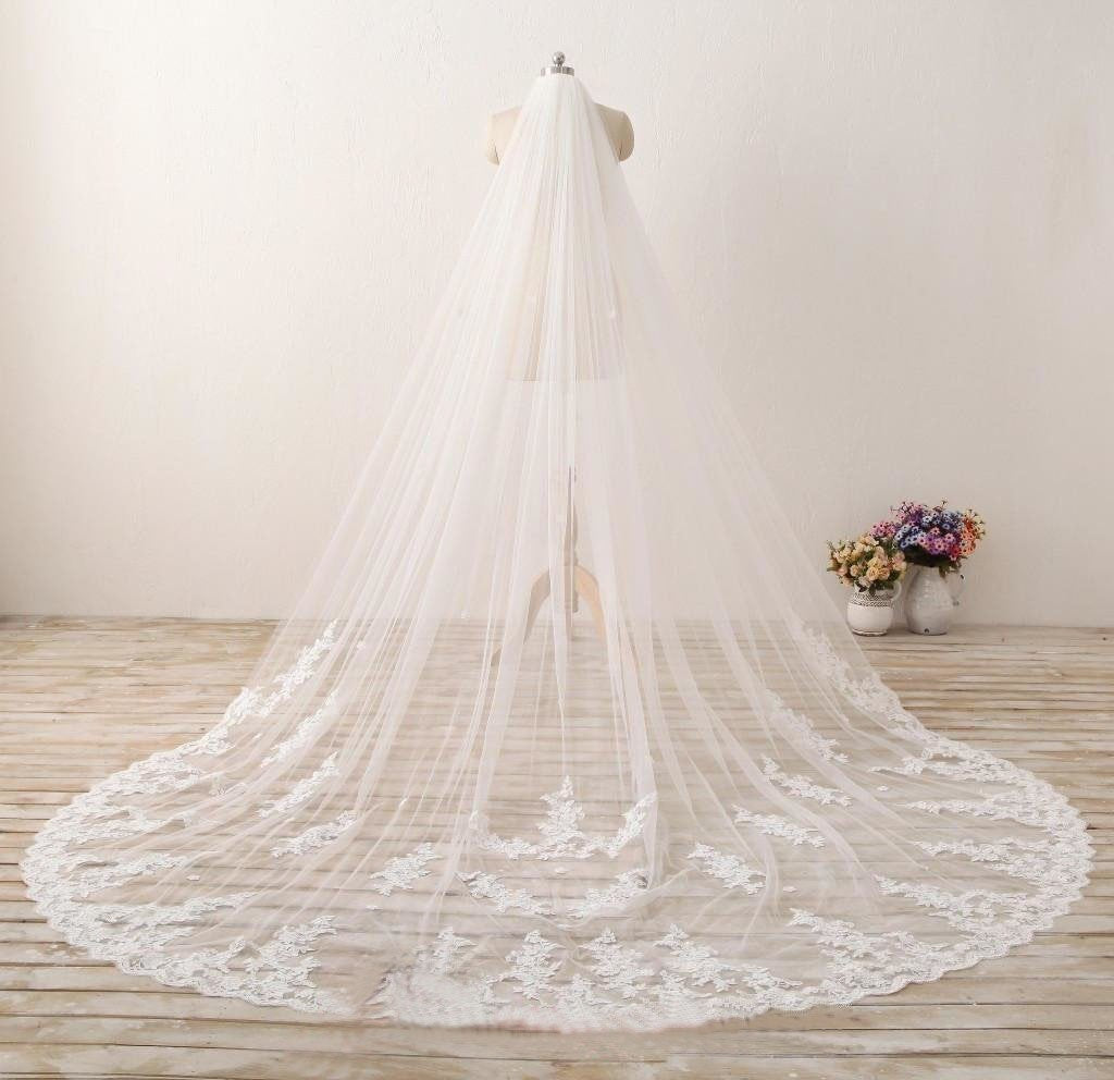 cathedral train long wedding veil 3m lace applique edge wv1