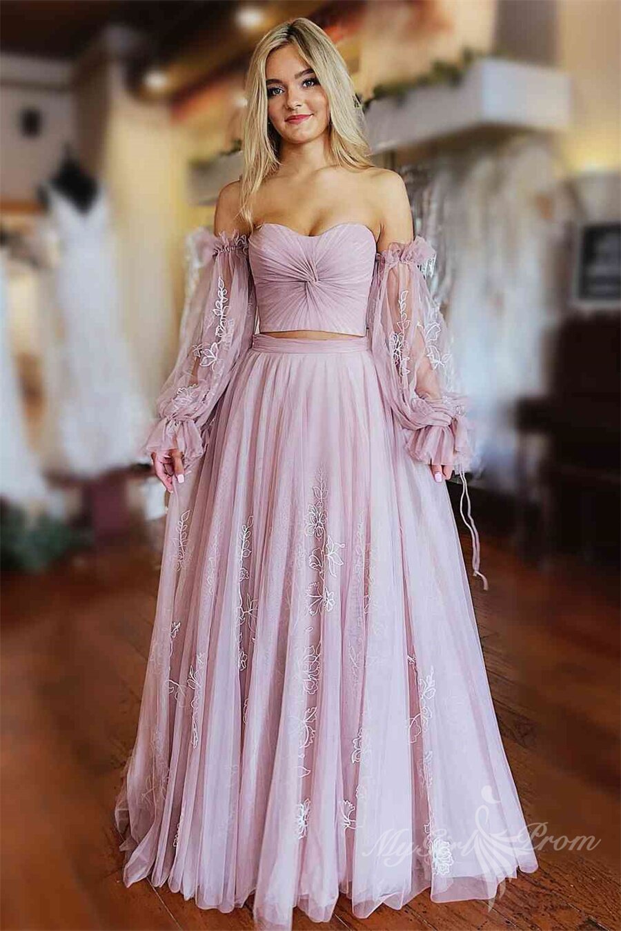 Two Piece Blush Pink Pleated Long Sleeves Lace Tulle Long Prom Dress GP498