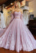 two piece blush pink pleated long sleeves lace tulle long prom dress