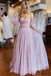 two piece blush pink pleated long sleeves lace tulle long prom dress