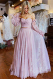 Two Piece Blush Pink Pleated Long Sleeves Lace Tulle Long Prom Dress GP498