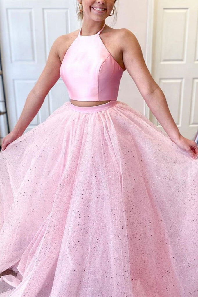 two pieces pink long prom dresses sparkly halter neck formal gown