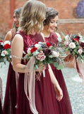 Two Piece Burgundy Bridesmaid Dresses Bateau Tulle with Sequins PB137