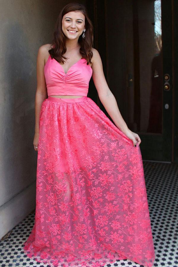 two piece deep v neck cross back straps pink prom party dresses mp736