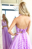elegant two piece halter v neck striped long backless prom dress