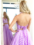 elegant two piece halter v neck striped long backless prom dress