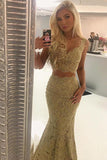 v neck two piece lace gold prom dress mermaid lace evening gown