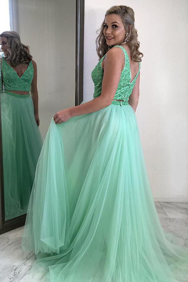 two piece prom dress mint green beading v neck tulle party dress