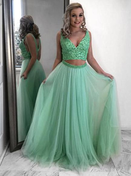 two piece prom dress mint green beading v neck tulle party dress