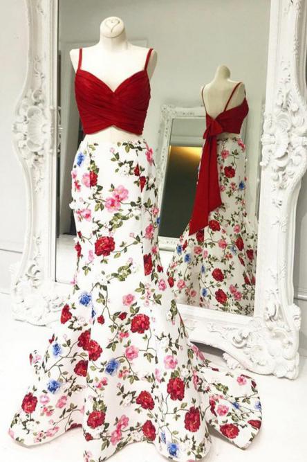 satin floral print mermaid two piece prom dress with bowknot
