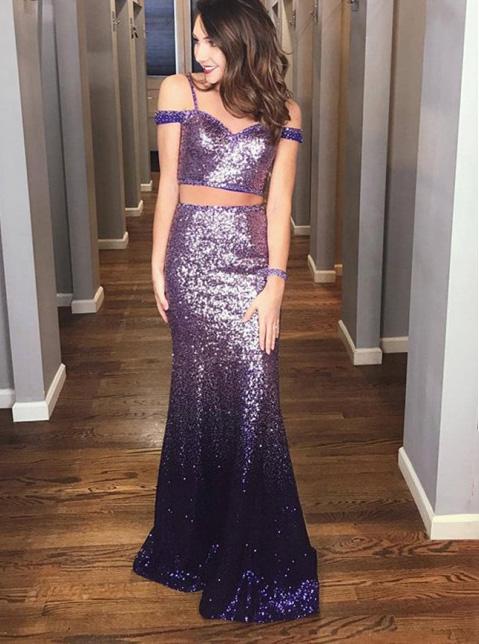 two piece spaghetti straps sequined ombre purple prom dresses