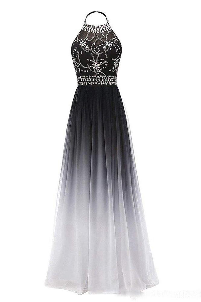 Halter Chiffon Backless Ombre Prom Dresses, Long Gradient Evening Dress With Beading MP35