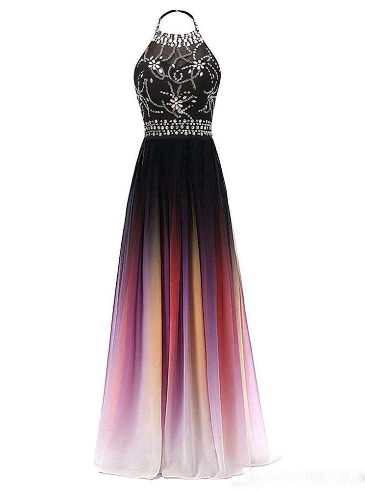 Halter Chiffon Backless Ombre Prom Dresses, Long Gradient Evening Dress With Beading MP35