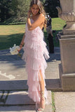 Unique Halter Layered Tulle Prom Dresses, Pink Long Bridesmaid Dresses GP219
