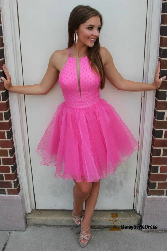 Unique Hot Pink Tulle Short Homecoming Dress, Princess Dot Graduation Party Dresses GM481