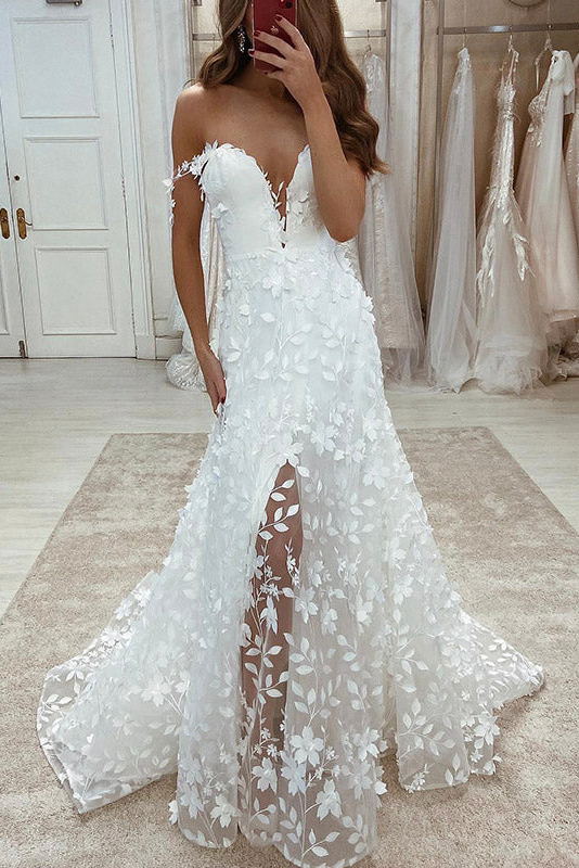 Unique Off the Shoulder A-line Lace Beach Long Wedding Dresses With Slit PW509