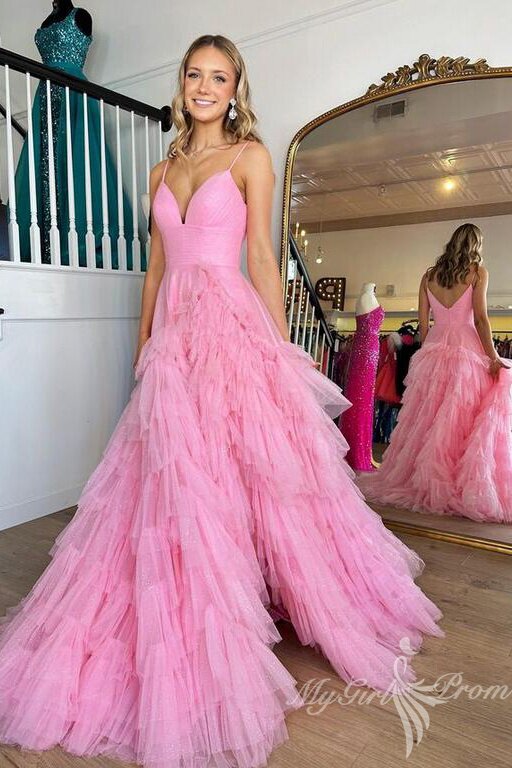 unique tulle ruffles pink long prom dresses princess v neck formal dress