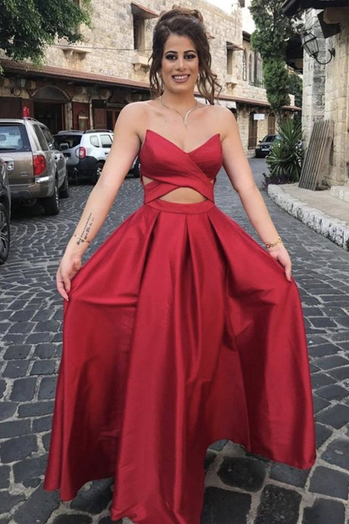 strapless v neck red satin long prom dress simple backless evening gown