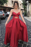 Strapless V Neck Red Satin Long Prom Dress, Simple Backless Evening Gown GP182