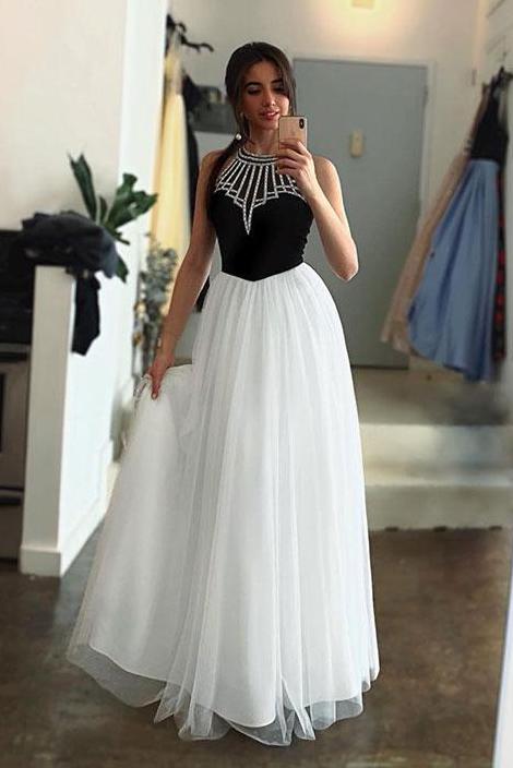 unique black white tulle halter long prom dress a line party dress mp864
