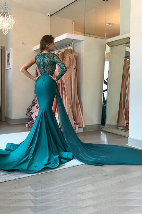 unique one long sleeves mermaid hunter prom dress v neck with appliques