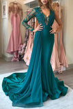 unique one long sleeves mermaid hunter prom dress v neck with appliques mp384