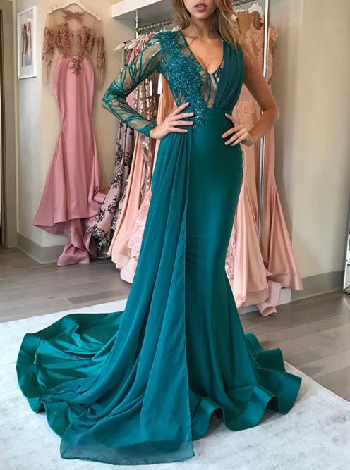 unique one long sleeves mermaid hunter prom dress v neck with appliques mp384