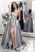 unique one shoulder long sleeves appliques gray prom formal dress with split