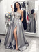 unique one shoulder long sleeves appliques gray prom formal dress with split