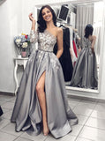 unique one shoulder long sleeves appliques gray prom formal dress with split
