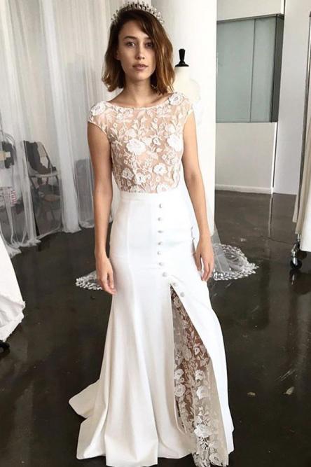 unique sheath lace wedding dress cap sleeves backless bridal gown