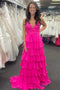 Straps Hot Pink Ruffle Chiffon Prom Dress, Simple V-Neck Formal Gown GP571