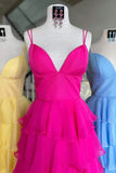 straps hot pink ruffle chiffon prom dress simple v neck formal gown