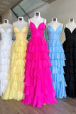 straps hot pink ruffle chiffon prom dress simple v neck formal gown