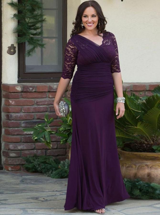 half sleeves chiffon ruched grape plus size mother of the bride with lace wm103
