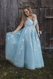 v neck appliqued mint blue long prom dress tulle plus size formal dress