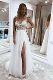 V-neck Appliques Beach Wedding Dresses, Tulle Prom Dress With Split PW409