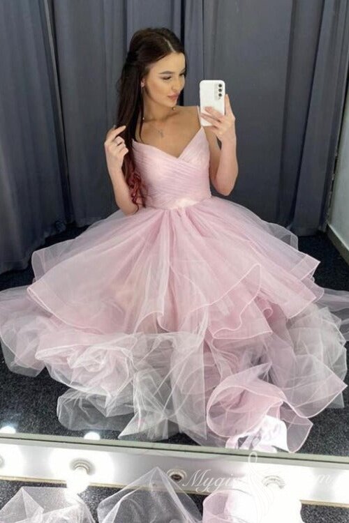V-neck Tulle Long Layers Pink Prom Dresses, Pink Tulle Formal Dress GP442