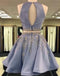 unique two pieces short party dress blue homecoming dresses with rhinestone